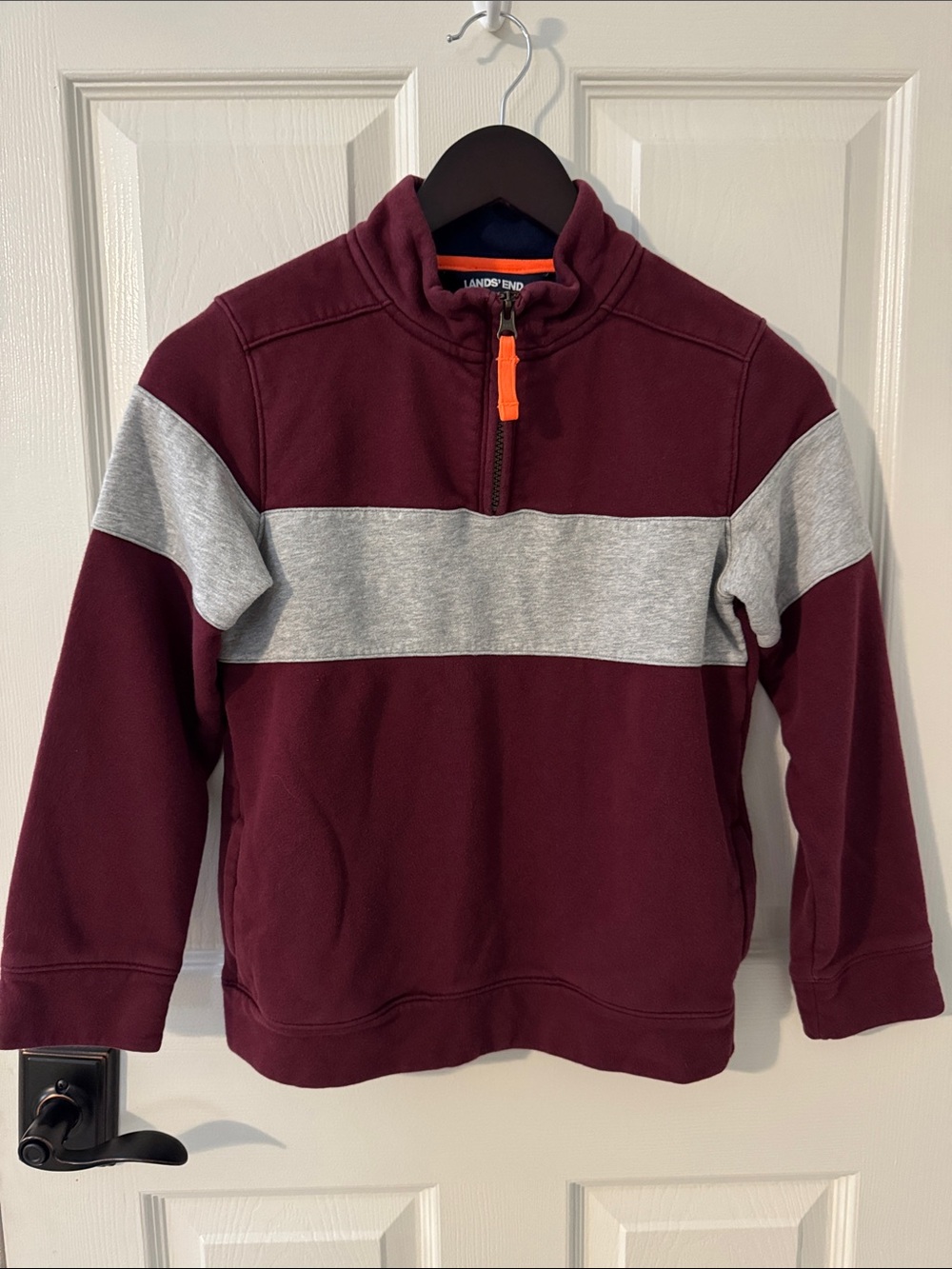Lands' End boys Burgundy Zip Sweatshirt with Gray Chest Stripe